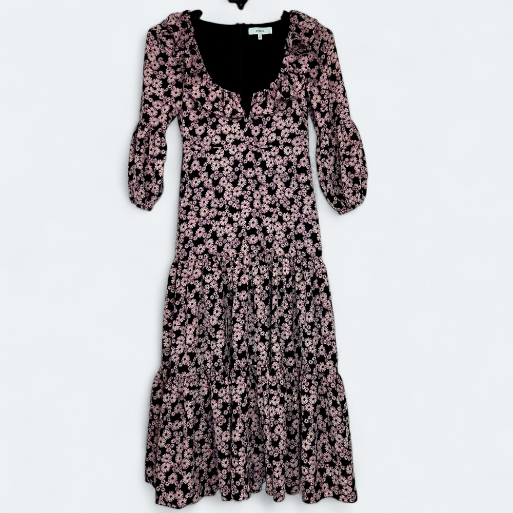 Likely Floral Midi Dress Romantic Puff Sleeve Tiered Cottagecore Size 0